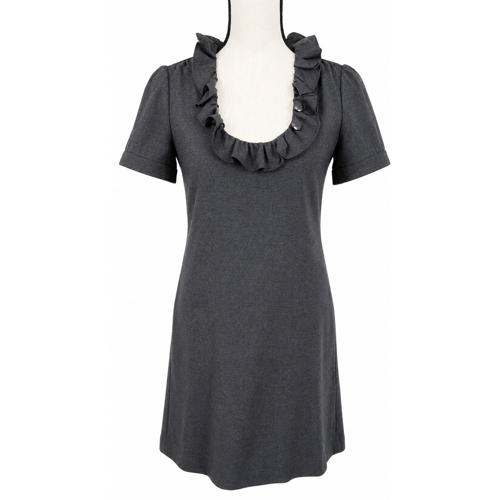 J.Crew Wool Blend Ruffle‎ Neck Shift Dress Gray Short Sleeve Women's 0